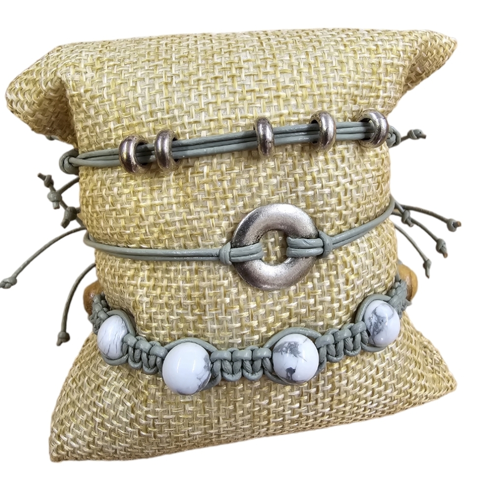 Genuine Leather, Stainless Steel & Olive Wood +Moss Agate Boho Bracelet Set of 3